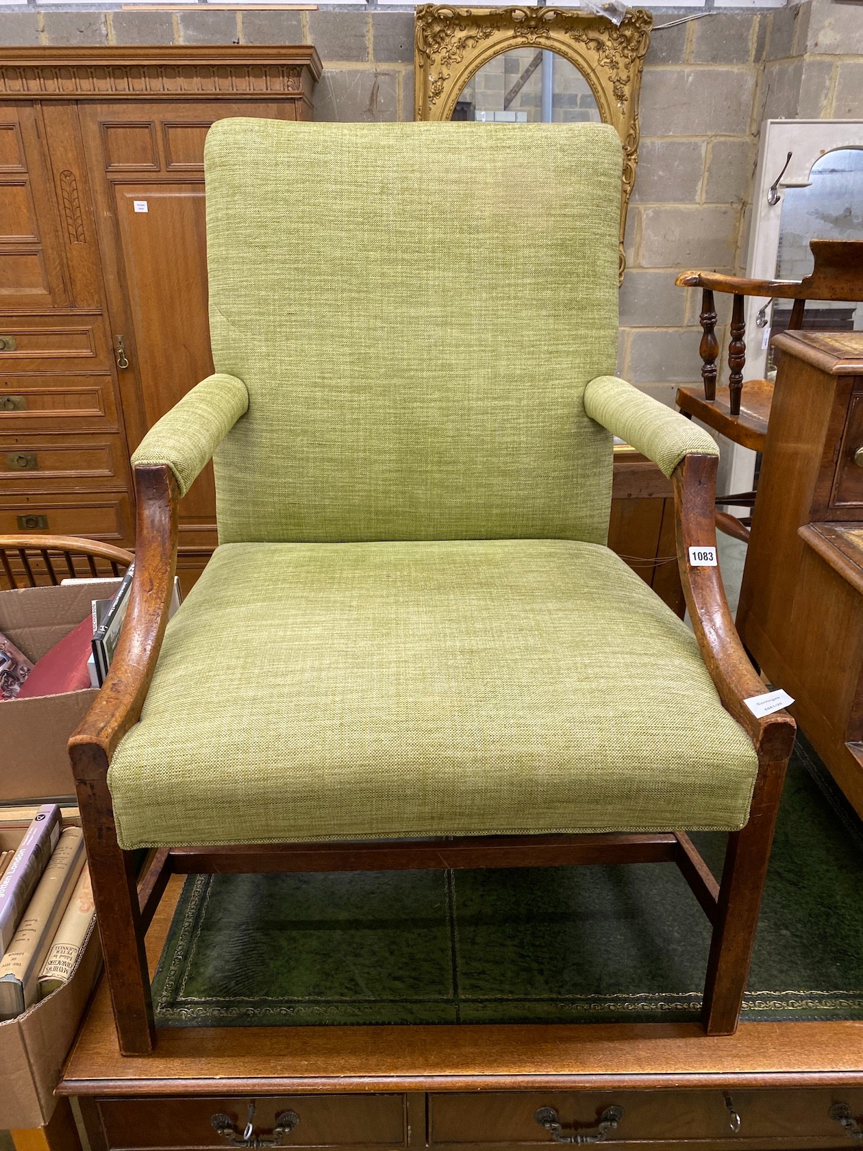 A George III Gainsborough type mahogany open armchair, width 66cm, depth 66cm, height 98cm